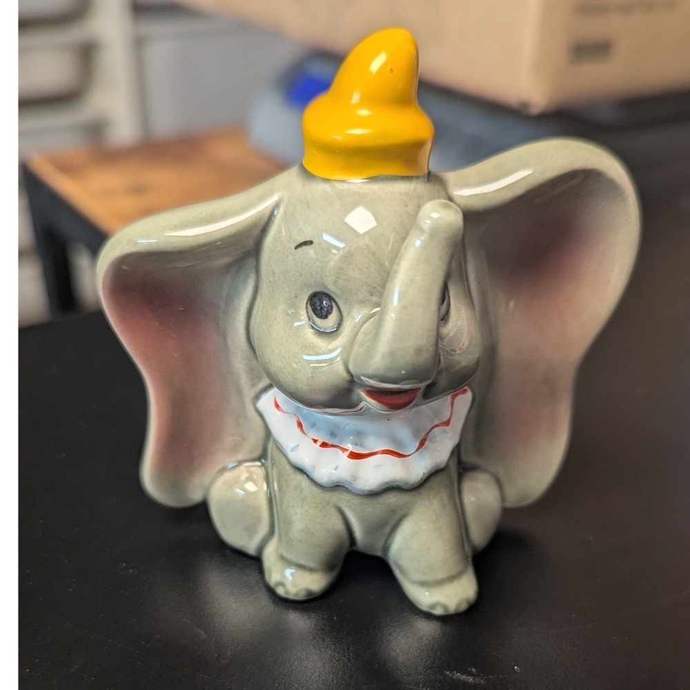 Disney Dumbo Figurine Gray Ceramic Yellow Hat Japan Vintage 3.5in